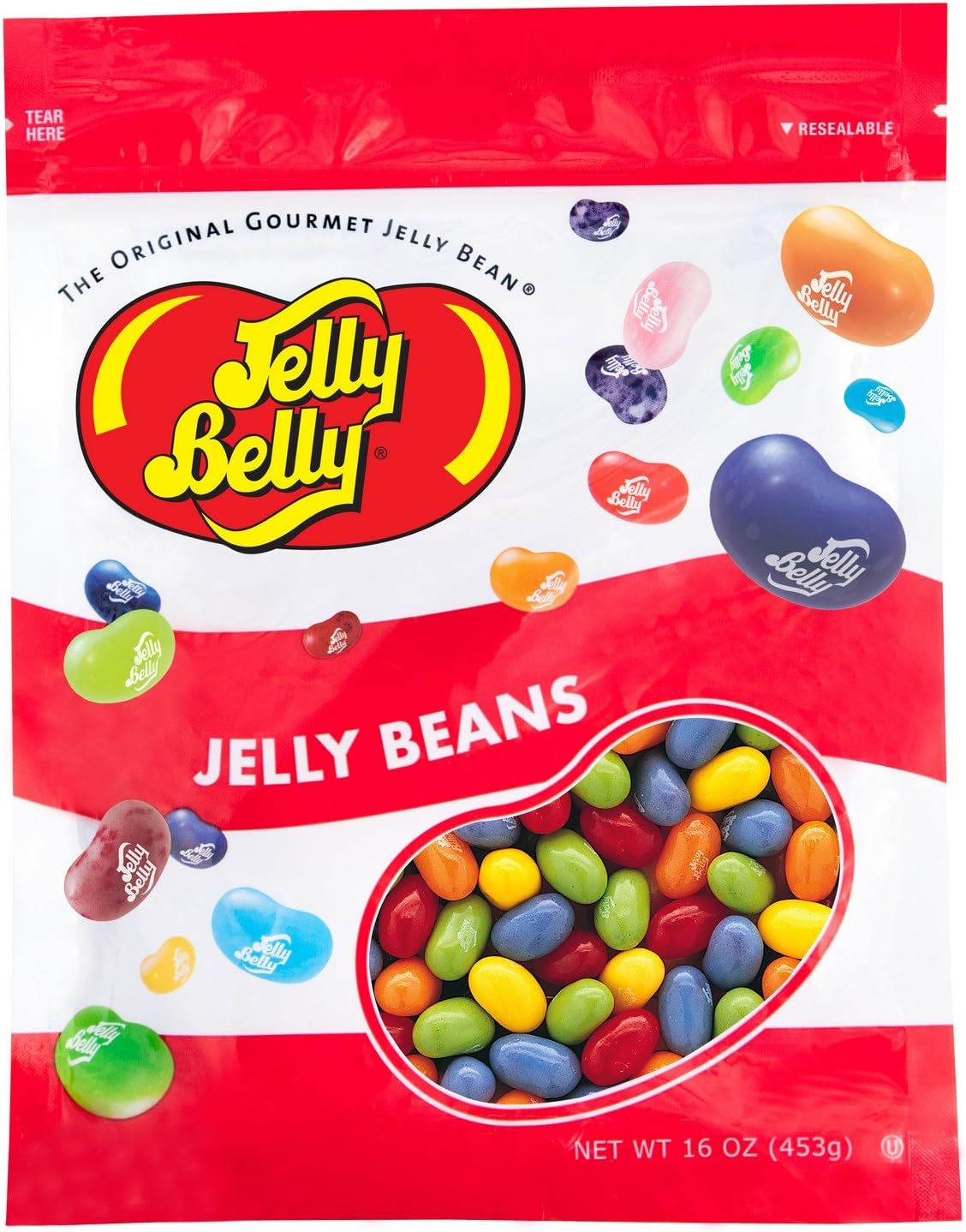 A handful of colorful Jelly Belly Sunkist citrus mix candies displaying their premium glossy finish.