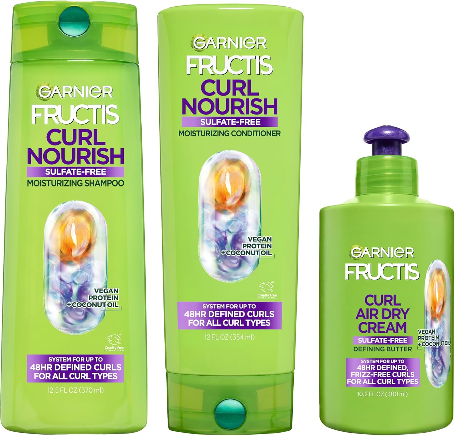 Garnier Fructis Curl Nourish 3-piece set front view showing shampoo, conditioner, and air dry cream bottles.