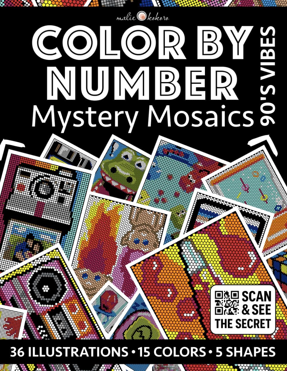 Color by Number: 90's Vibes [Premium Print] - Mystery Mosaics Coloring Book | Black Background Edition | 36 Illustrations: 90s Nostalgia | Bold and ... - Black Edition [Premium Print] | Pixelart) - Image 1