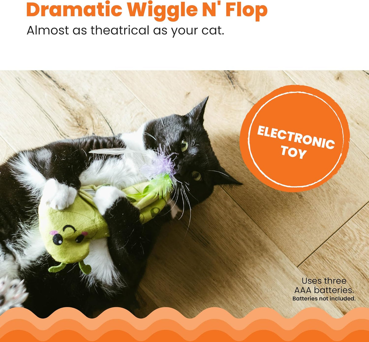 Catstages Wiggle Worm green plush toy with feathers