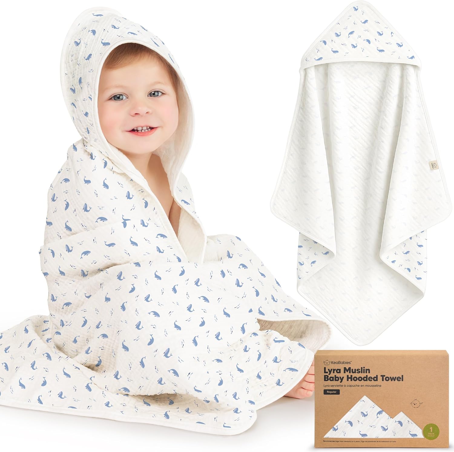 KeaBabies Lyra organic muslin hooded baby towel whale print front view