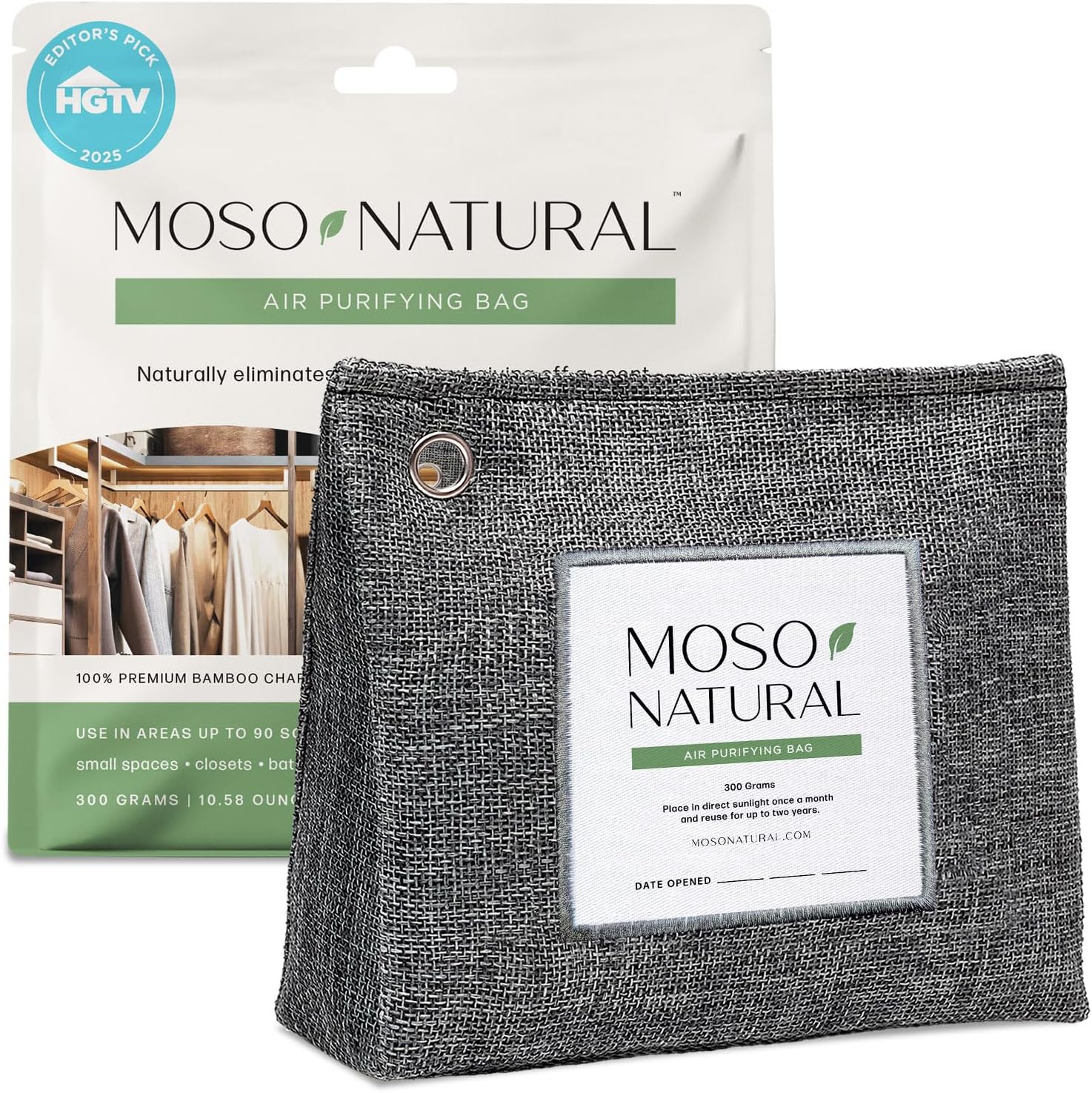 Moso Natural Air Purifying Bag 300g front view charcoal odor absorber.