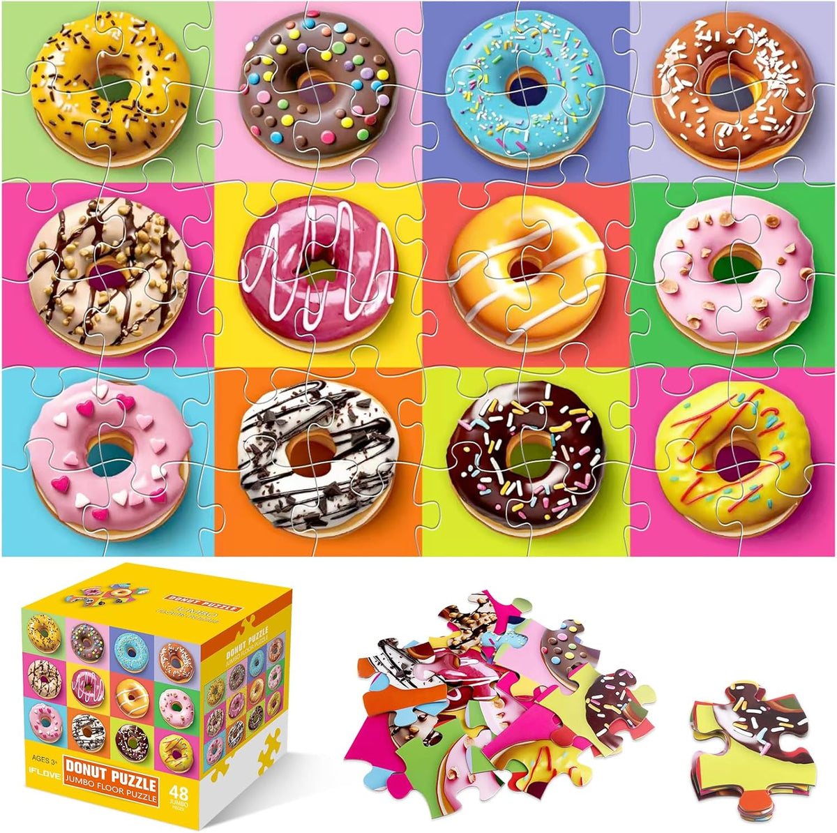 IFLOVE jumbo floor puzzle colorful donuts front view of package box for educational toys