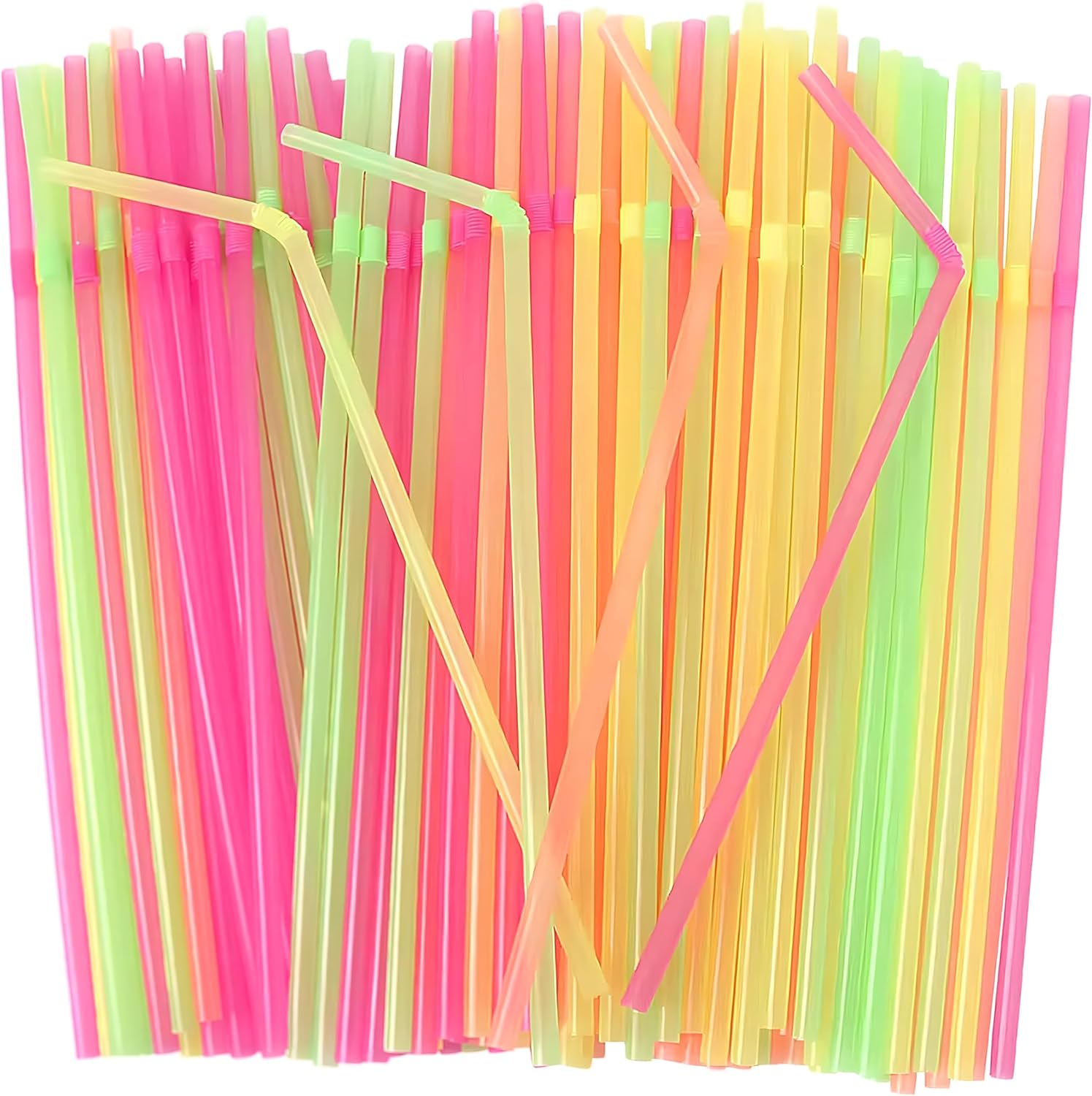 Blue Sky flexible plastic straws front view showing colorful neon assortment for party drinks.