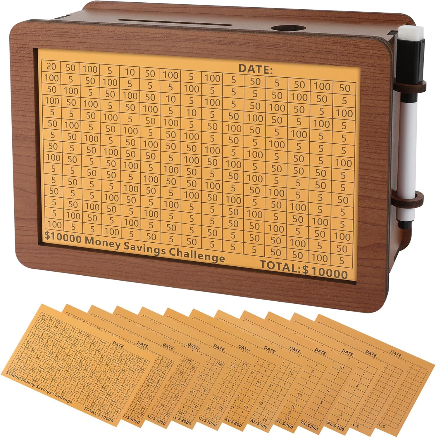 Folencer wooden money saving box front view displaying the printed tracking numbers grid.