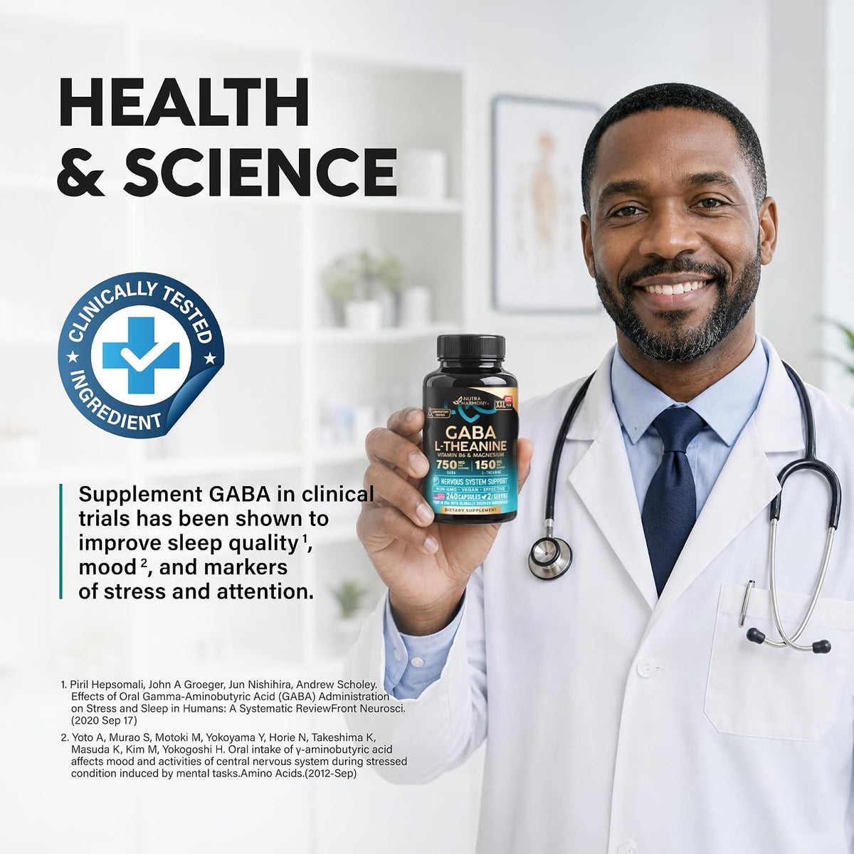 Nutraharmony GABA supplement bottle with capsule size reference