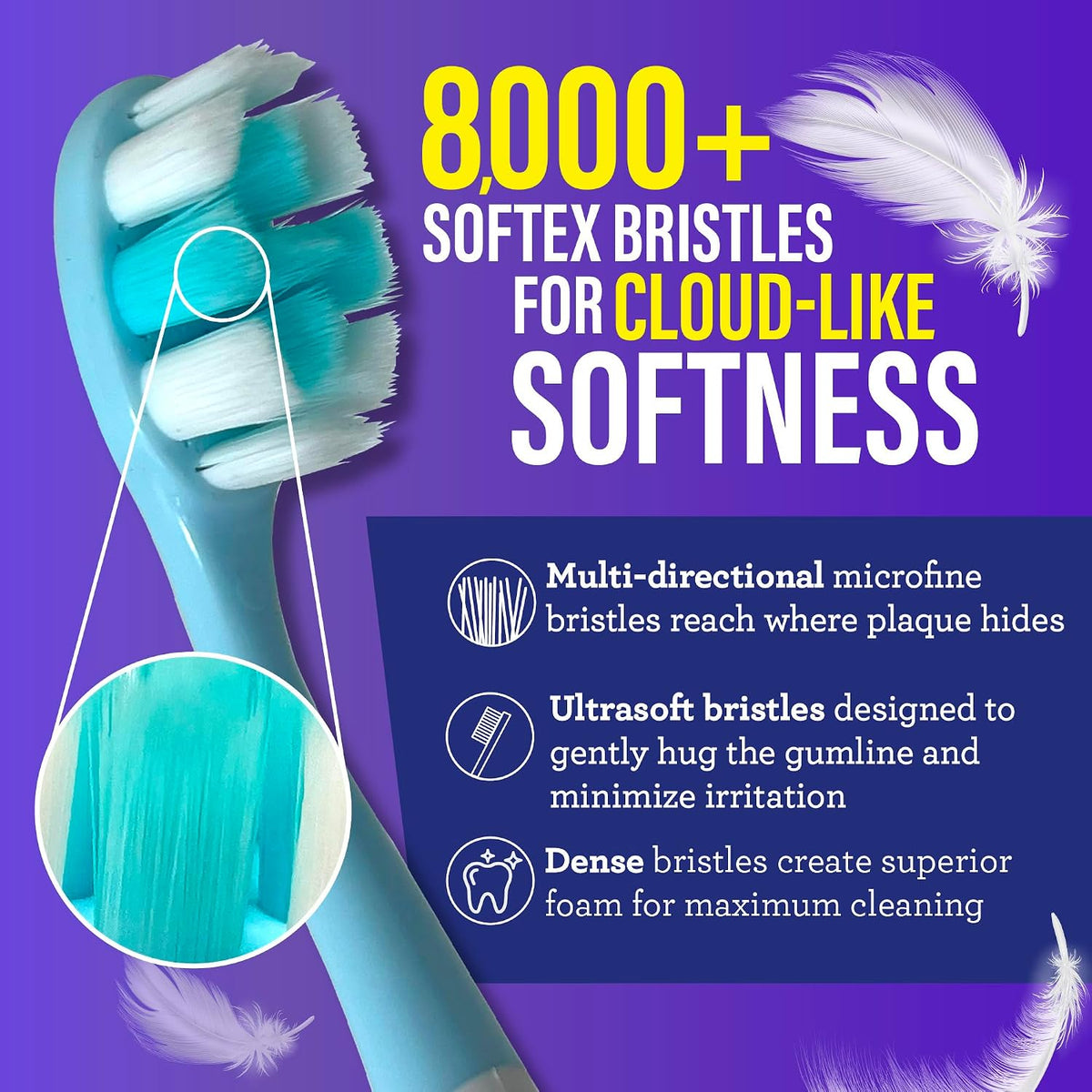 Close up of ultra soft Softex bristles on toothbrush head