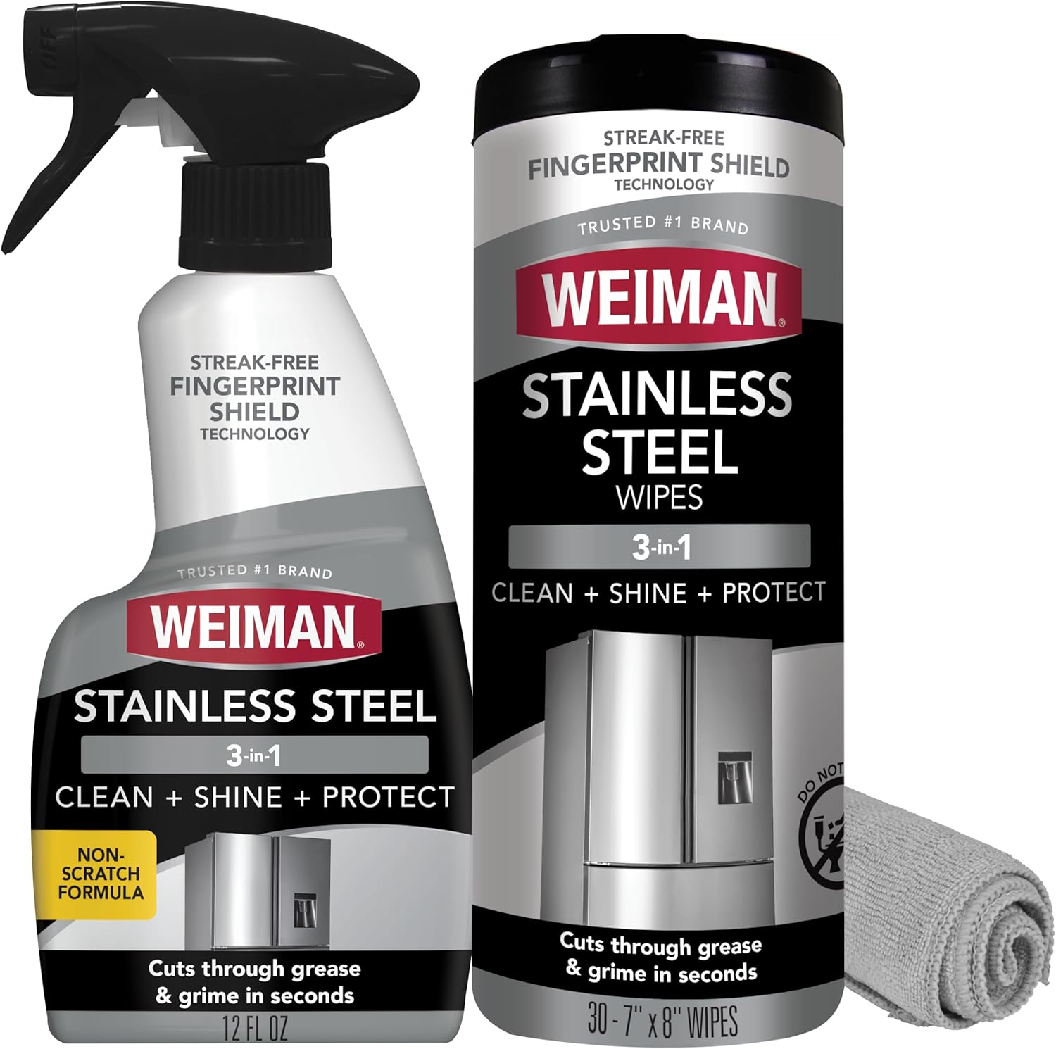 Weiman Stainless Steel Cleaner Kit front view showing spray bottle wipes canister and microfiber cloth
