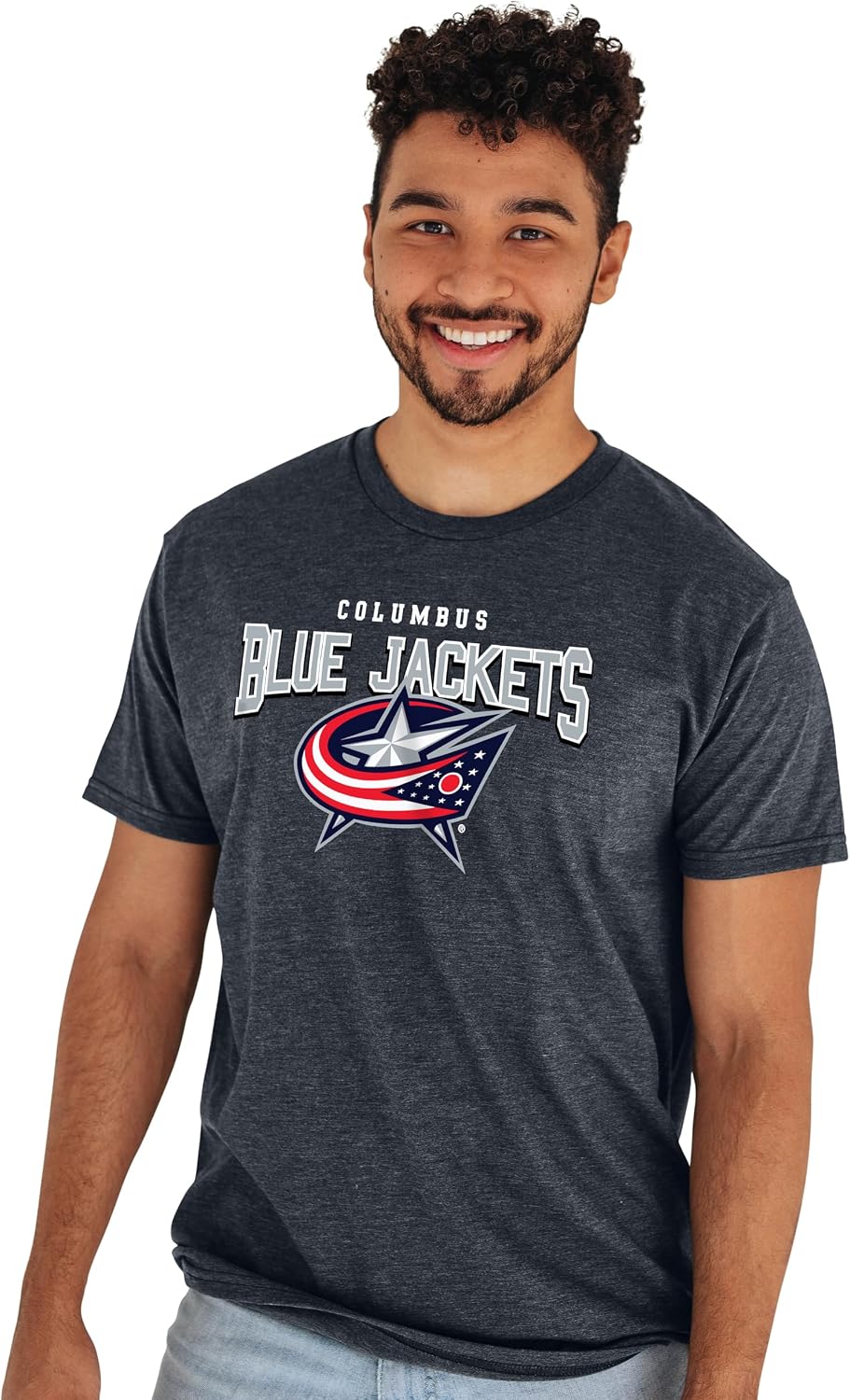 Blue 84 NHL heathered black fan t-shirt collar and neckline detail