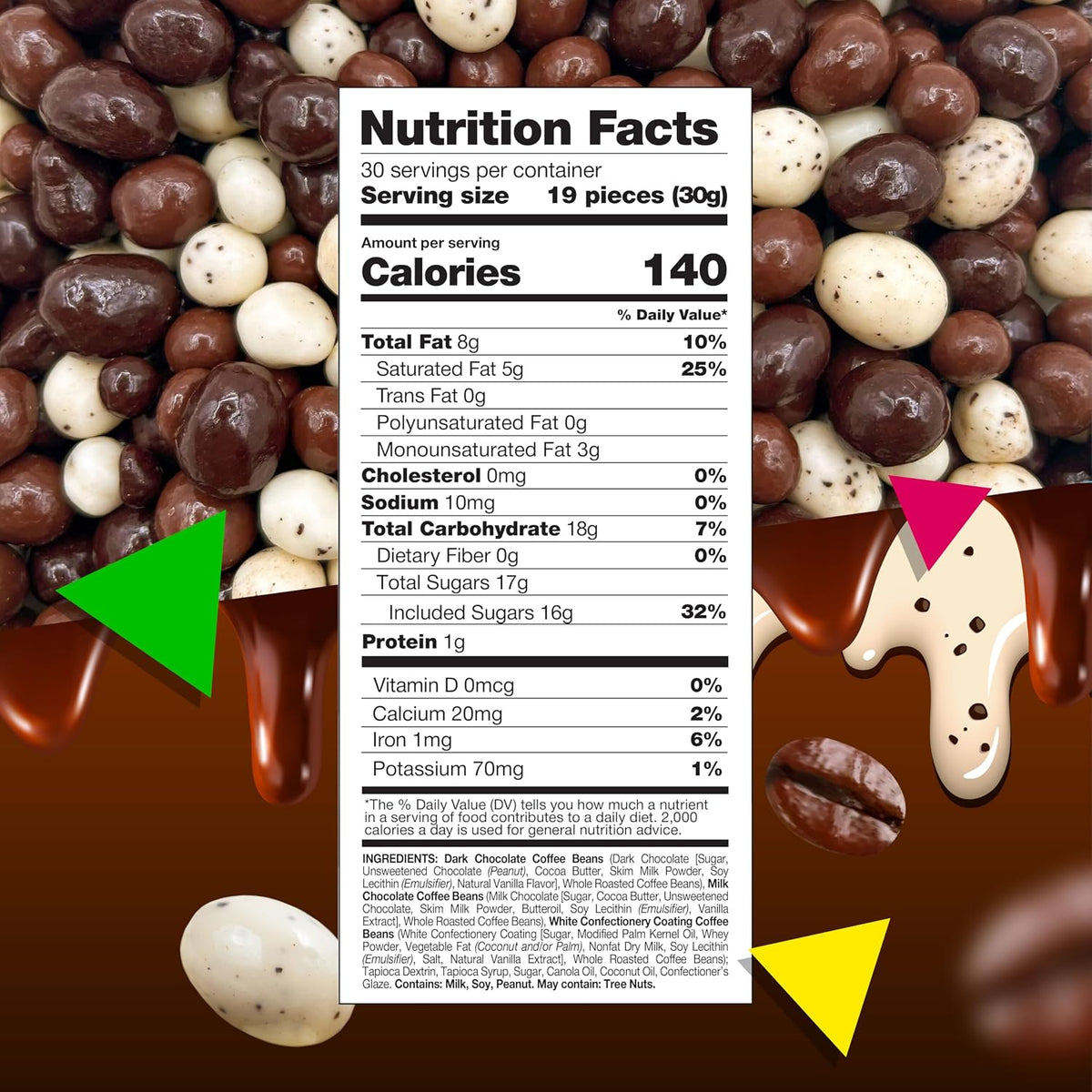 Tricolored chocolate coated roasted coffee beans close up