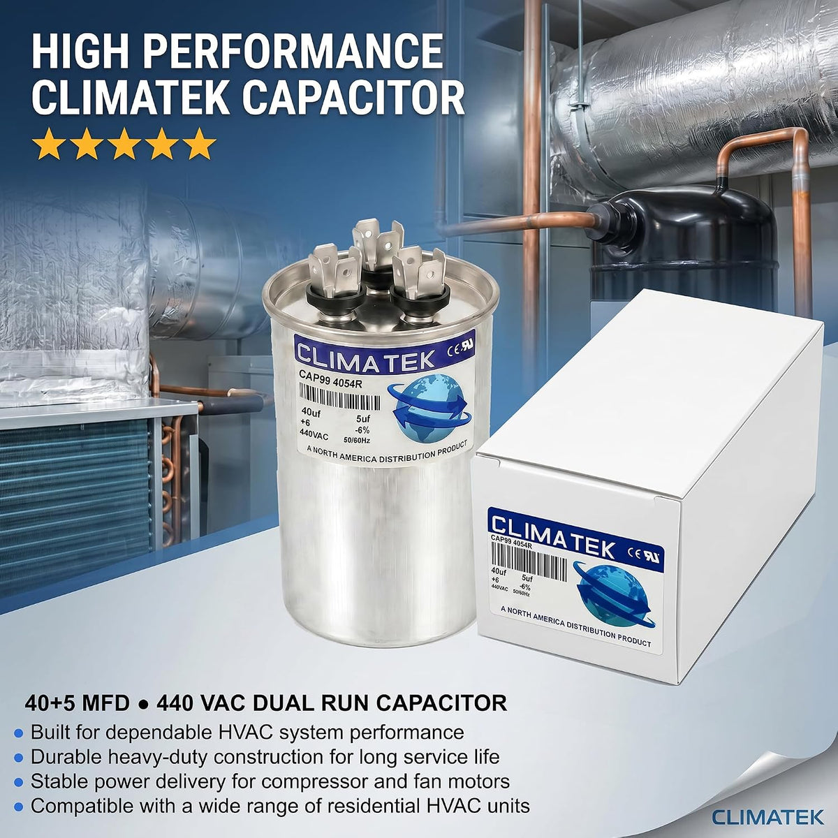 ClimaTek motor capacitor side profile with specification label