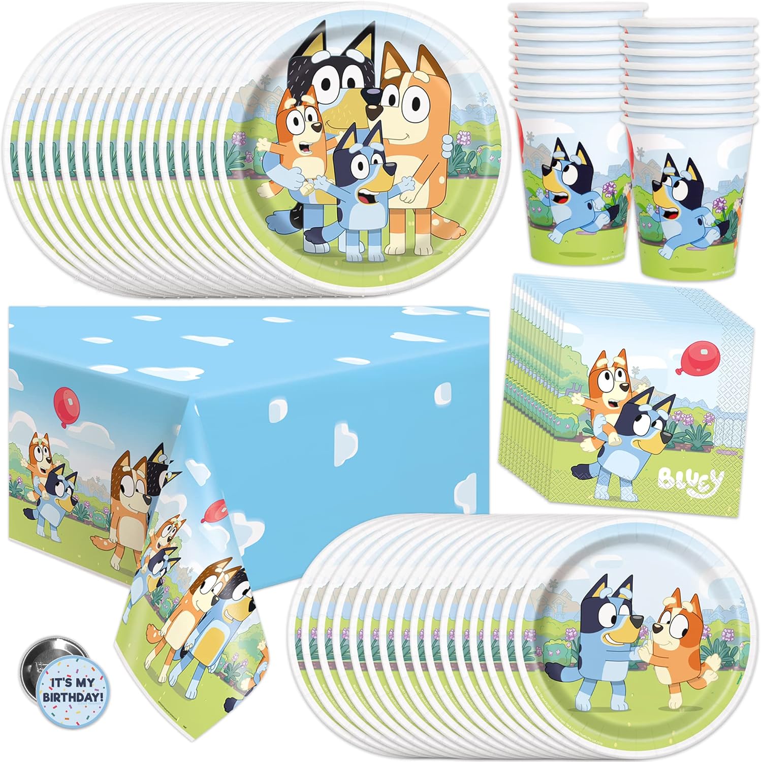 Unique Bluey birthday party supplies front view of full set pack