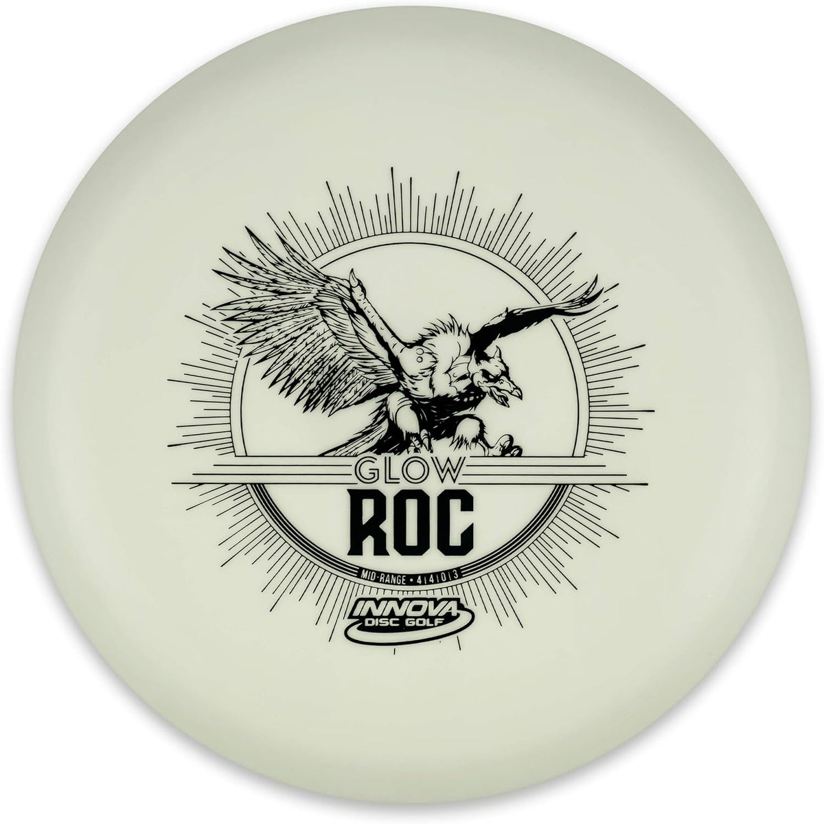 Innova Glow DX Roc Golf Disc front view showing classic bird stamp design and glow plastic.