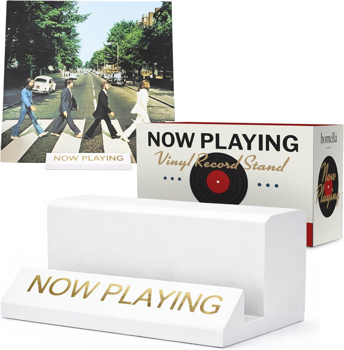 Homella Decor Now Playing Vinyl Record Holder front view displaying an album cover