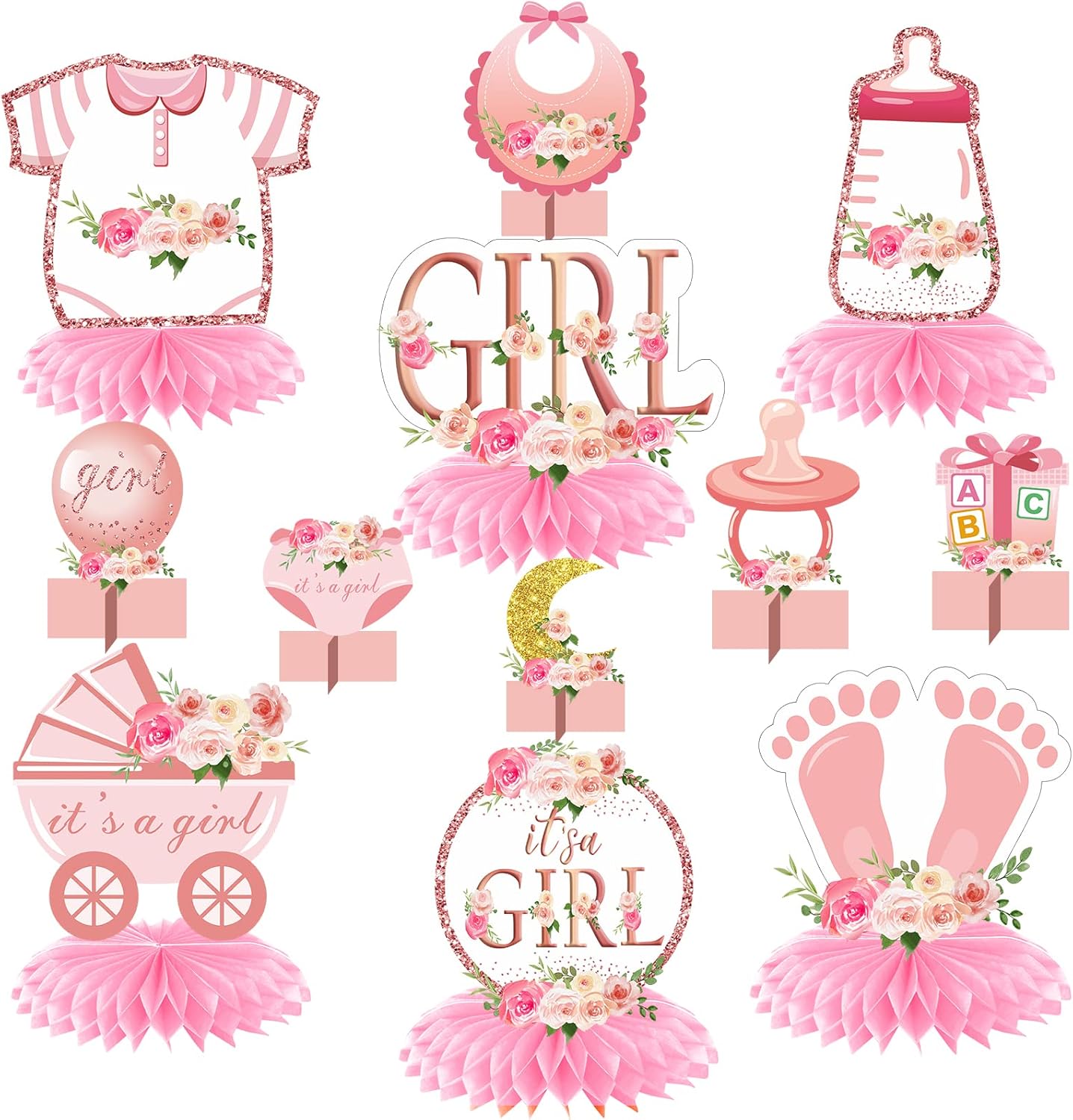 Aodocuto pink rose gold baby shower decorations honeycomb centerpieces front view showing girl themed graphics