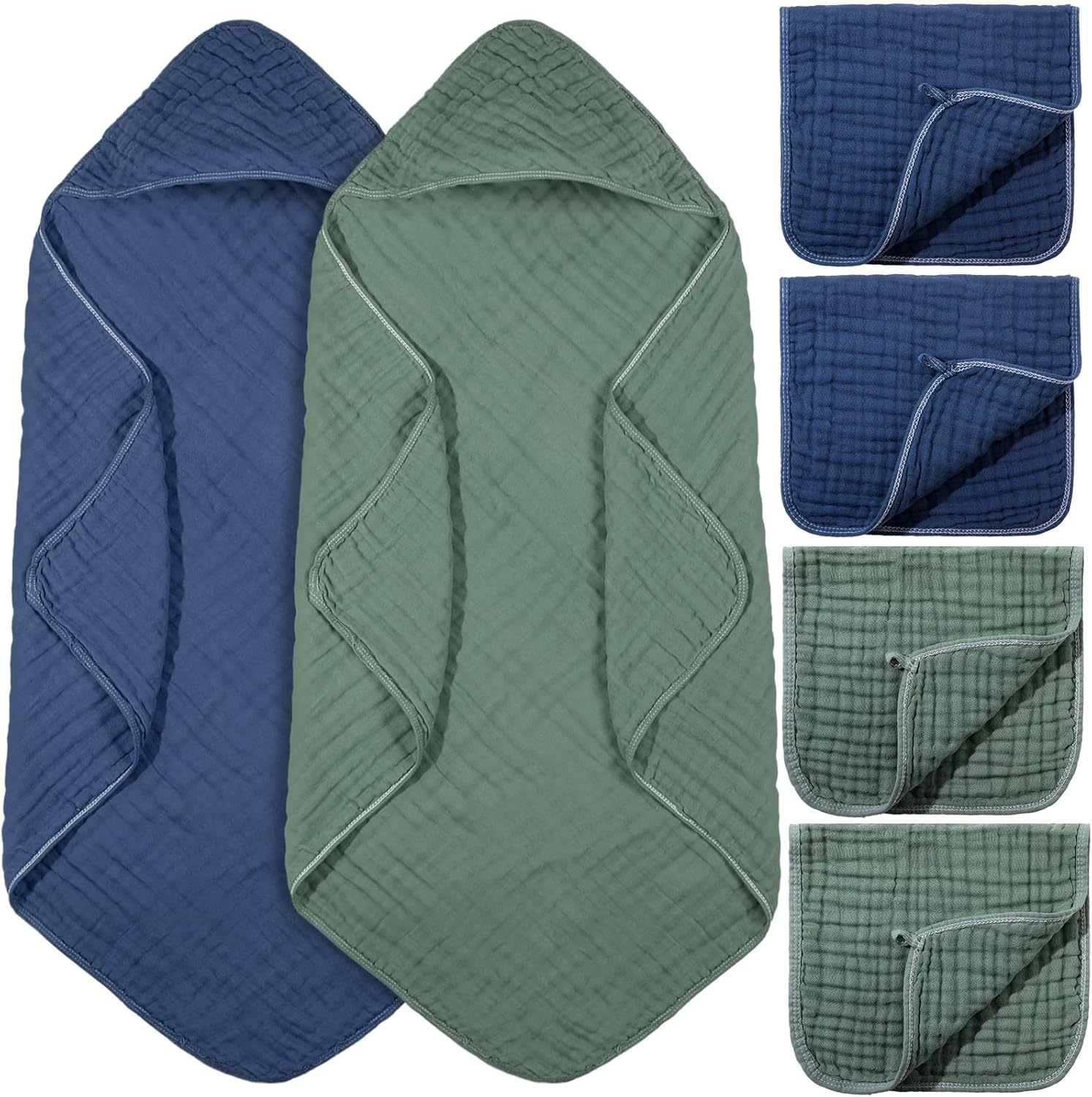 VitalCozy 6 Pcs Baby Muslin Hooded Bath Towels and Washcloths Muslin Cotton Hooded Baby Towels Absorbent Blankets for Gift Newborn Infant Shower (32 x 32 Inch,Green,Blue) - Image 1