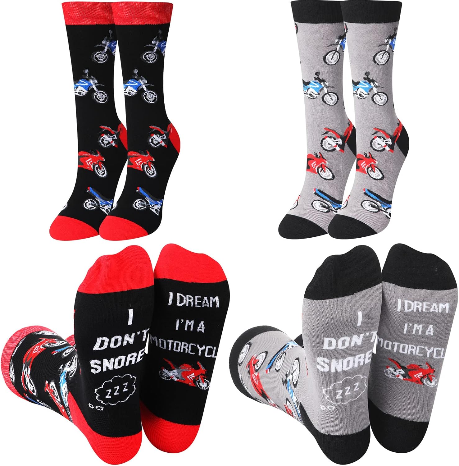 Coume funny motorcycle socks 2 pairs front view displaying stitched motorcycle graphic patterns
