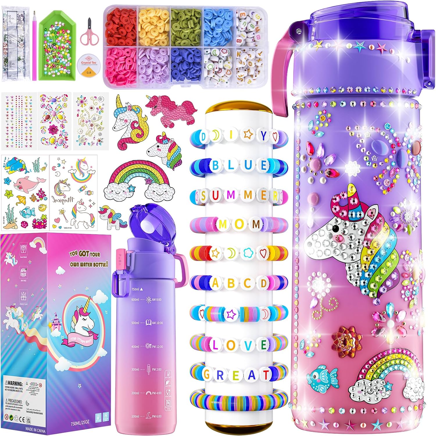 BOOH decorate your own water bottle kit front view showing the purple gradient bottle and unicorn diamond painting stickers.