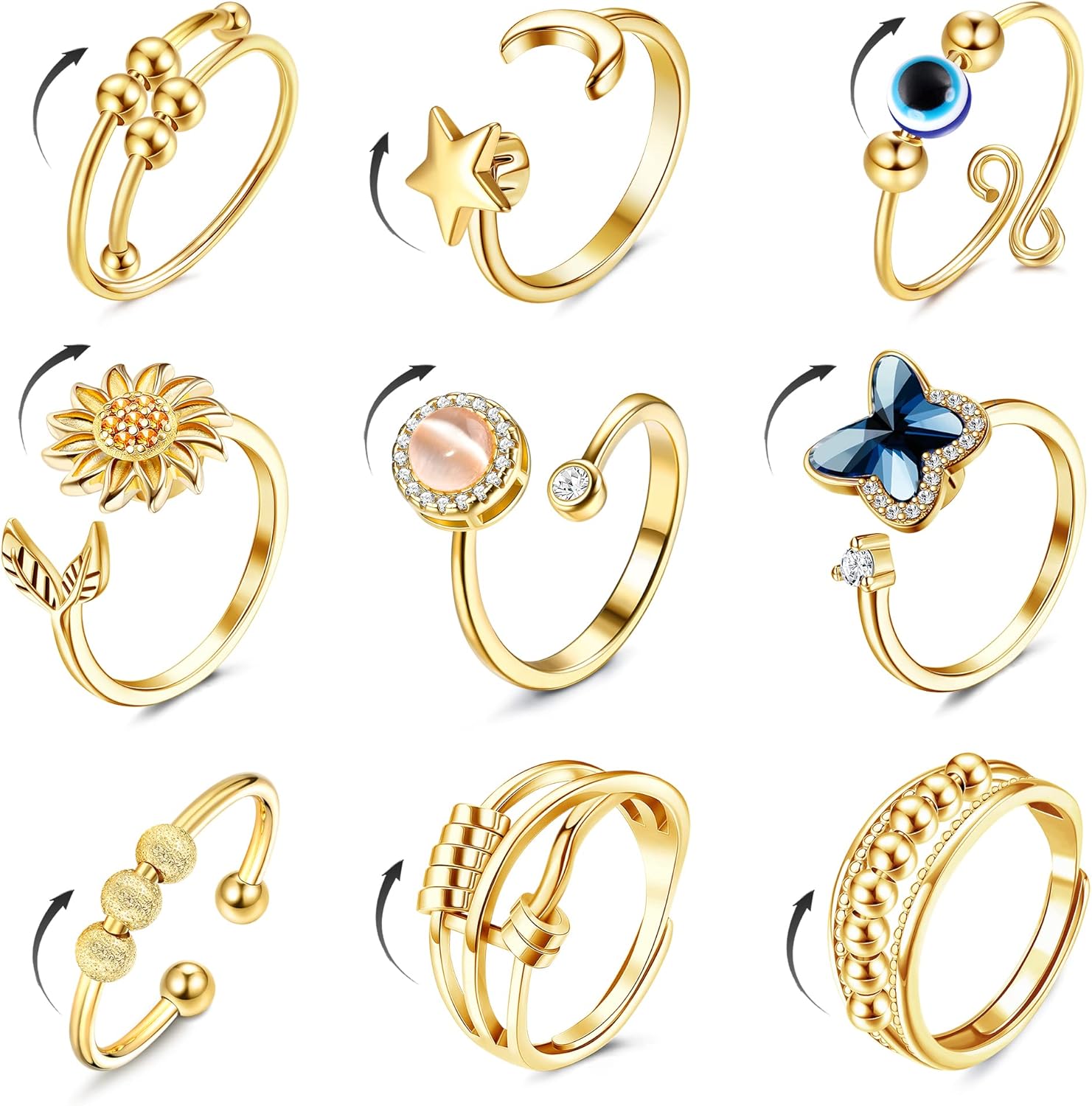 FIBO STEEL fidget anxiety rings front view showing a set of nine gold tone spinner bands
