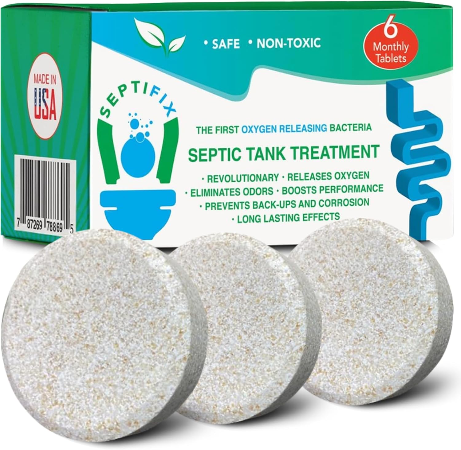 Septifix Septic Tank Treatment Tabs front packaging showing 6 tablets for waste management.