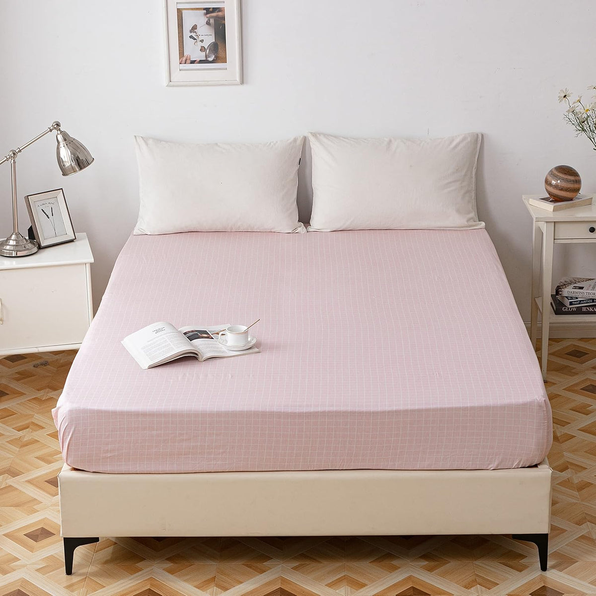 Aojim Pure Cotton Pink Grids Fitted Sheet front view