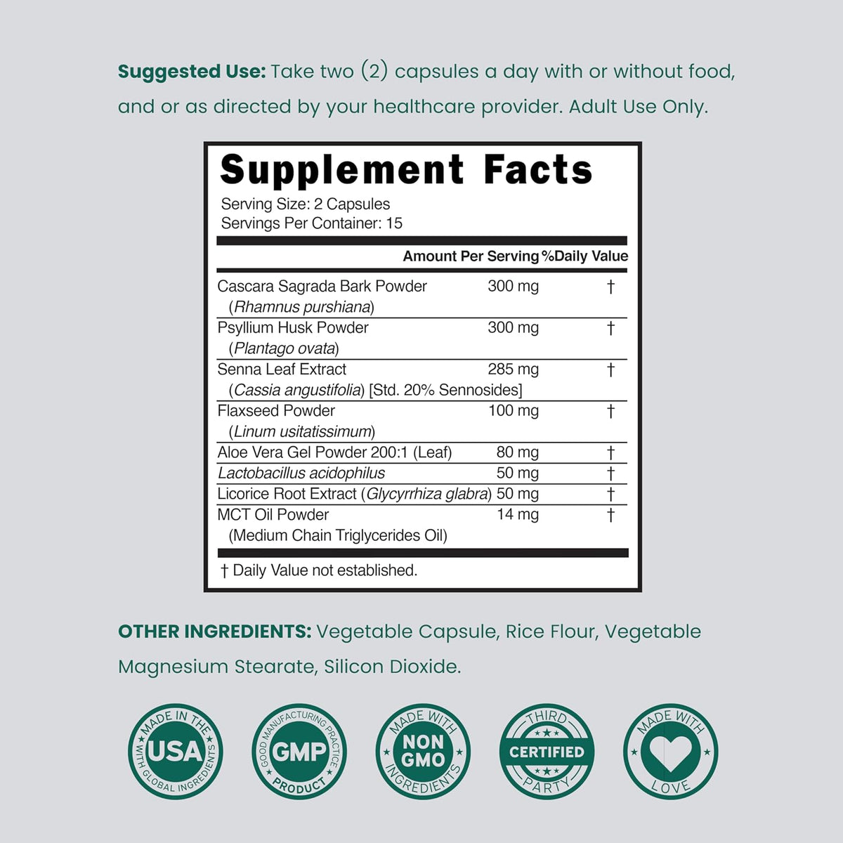 Back label of Dorado Nutrition colon cleanse showing ingredients