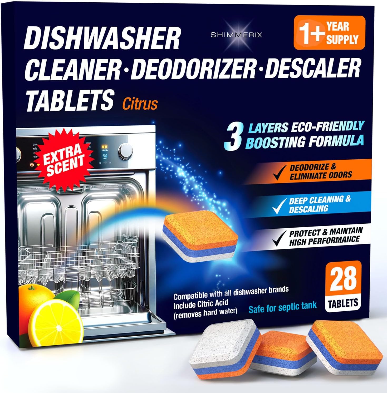 Shimmerix dishwasher cleaner tablets front packaging view for hard water stain removal