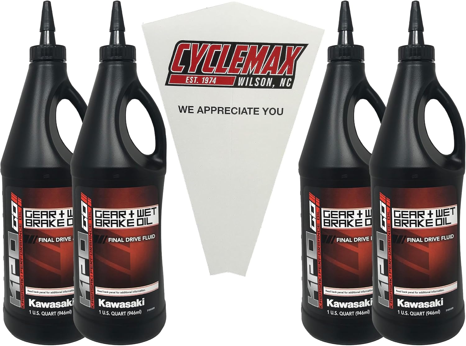 Small Engine Superstore Kawasaki KPO gear oil four pack front view showing four one quart bottles and a funnel for premium ATV maintenance.