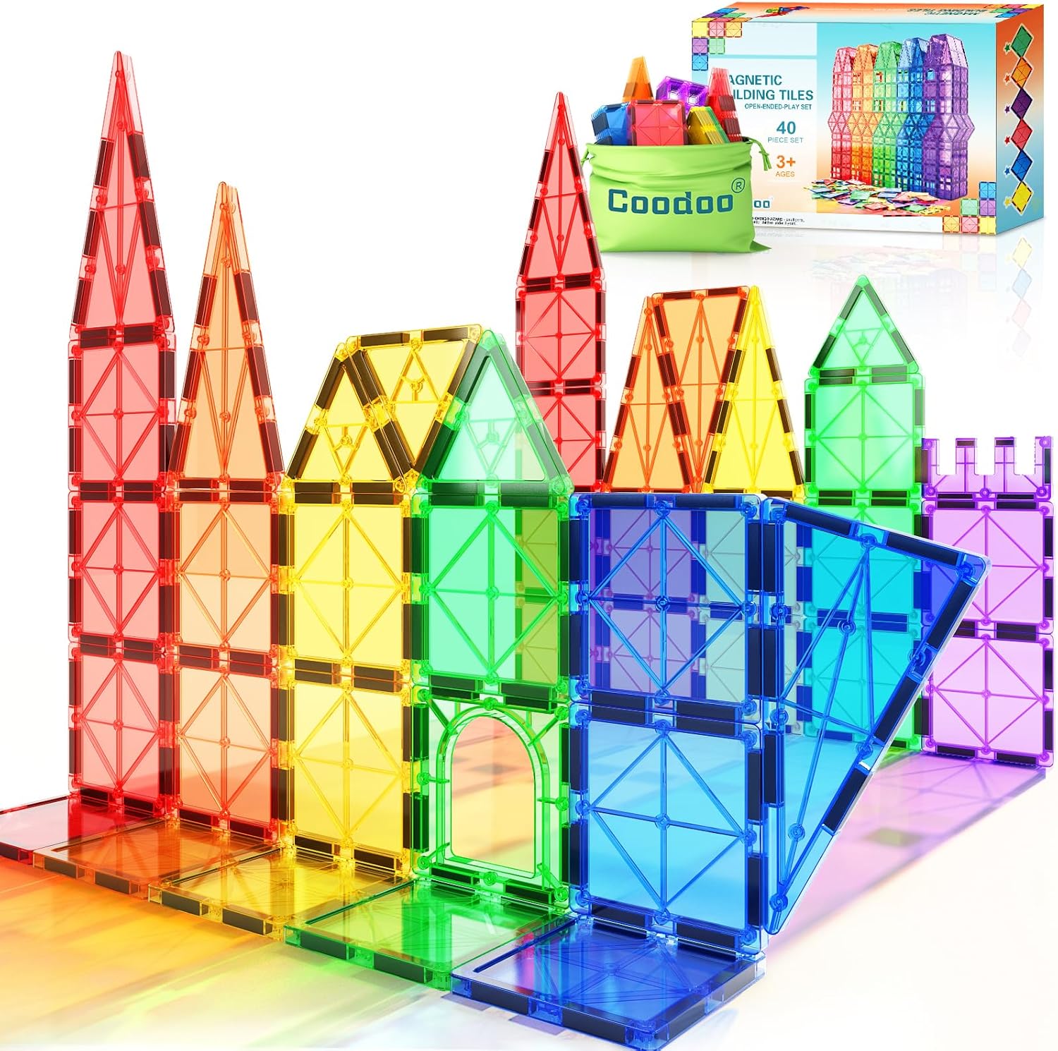 Coodoo Magnetic Tiles starter pack front view showing colorful translucent building blocks.