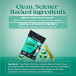Pet Honesty Brush Buddies long lasting dental treats display highlighting the benefits of kelp, parsley, and peppermint oil.