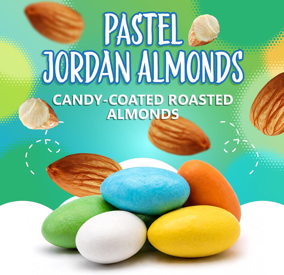 Close-up of pastel colored Jordan almonds displaying the smooth matte candy shell finish.