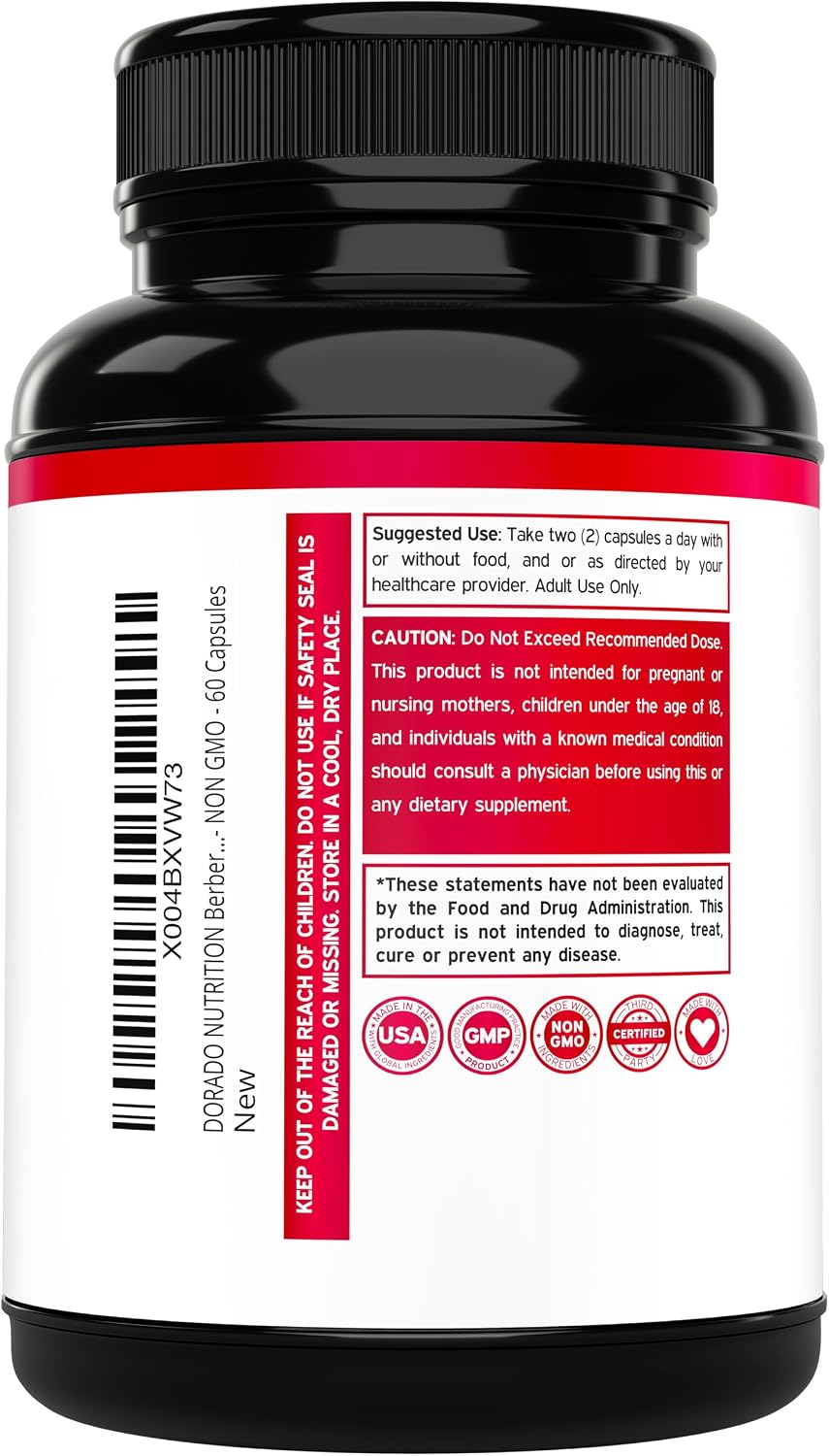 Back label of Dorado Nutrition Berberine supplement showing ingredients
