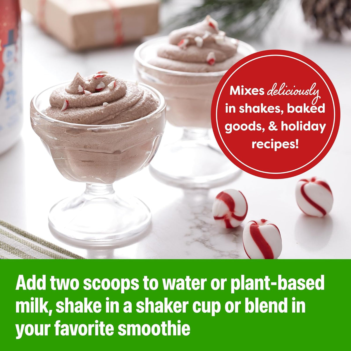 Side view of Orgain Peppermint Hot Cocoa protein packaging