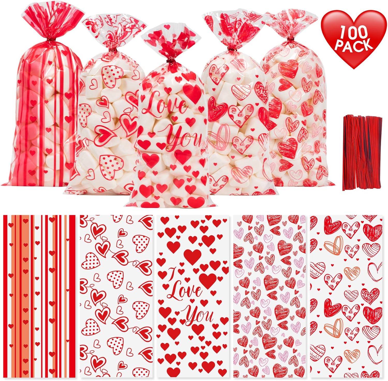 Litmitfu 100 Pieces Valentine Day Treat Bags front view showing clear plastic candy packaging with red hearts.