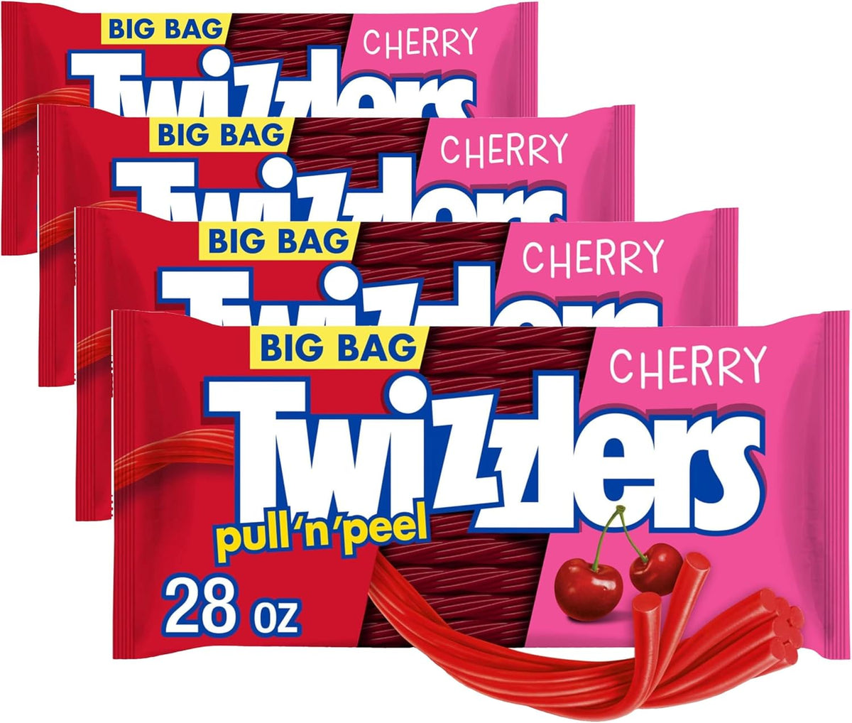 TWIZZLERS Pull 'N' Peel cherry candy bag showing individual strands