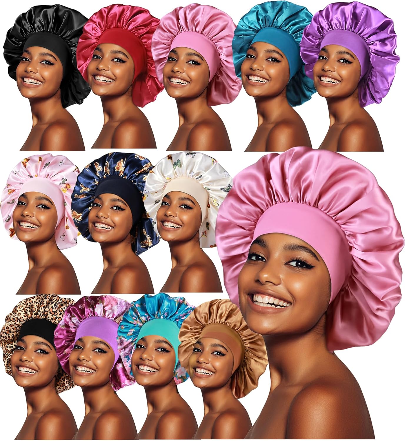 12pcs Large Satin Bonnets for Sleeping, Silky Hair Bonnet for Black Women Braid Curly Hair - Image 1
