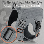 Side profile of grey tactical pet vest displaying Molle attachment system strips