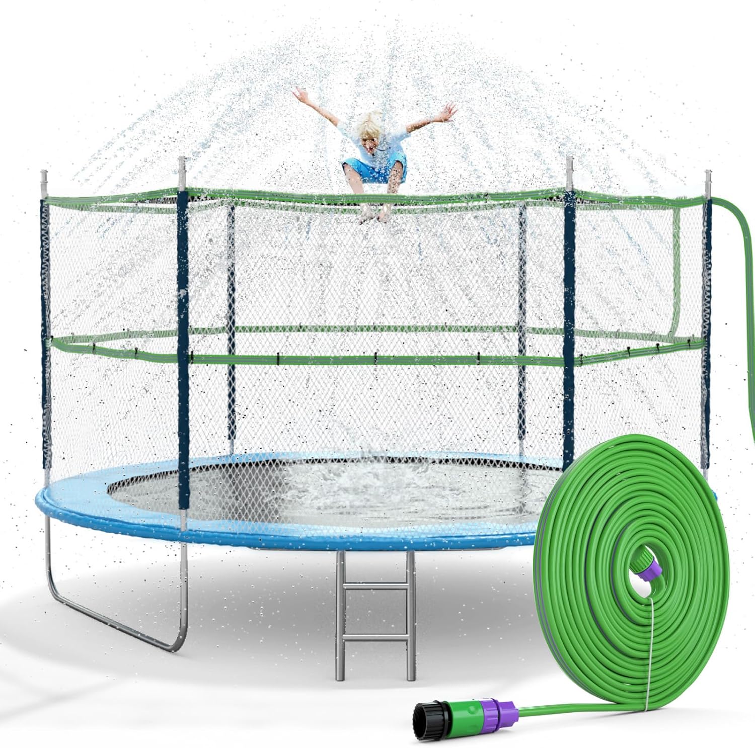 Jasonwell Trampoline Sprinkler front view showing the light green thirty-nine foot hose attached to a backyard net.