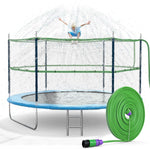 Jasonwell Trampoline Sprinkler front view showing the light green thirty-nine foot hose attached to a backyard net.