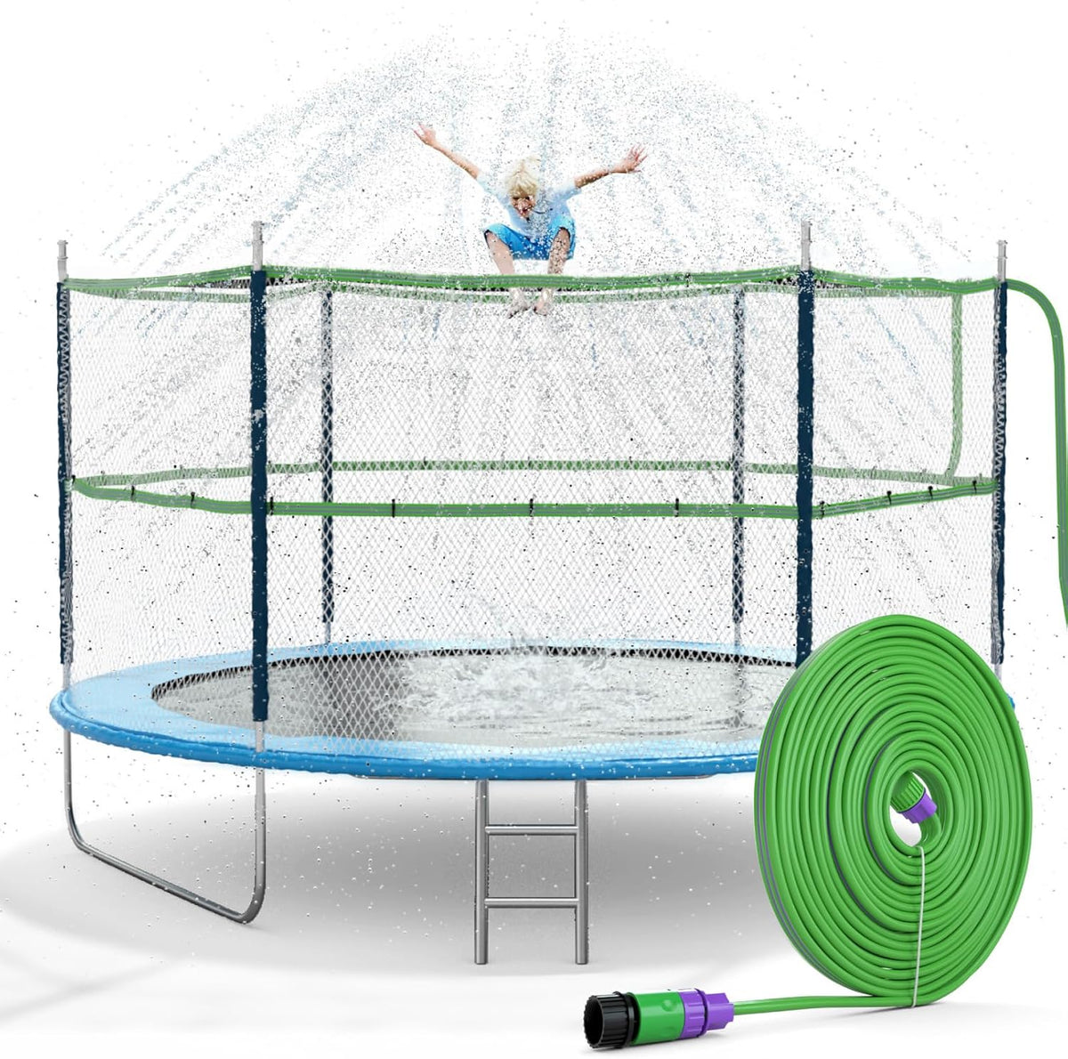 Jasonwell Trampoline Sprinkler front view showing the light green thirty-nine foot hose attached to a backyard net.