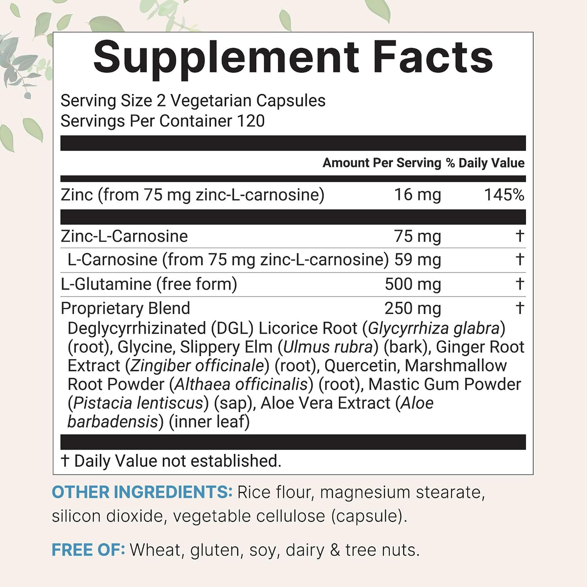 Micro Ingredients zinc carnosine supplement facts label