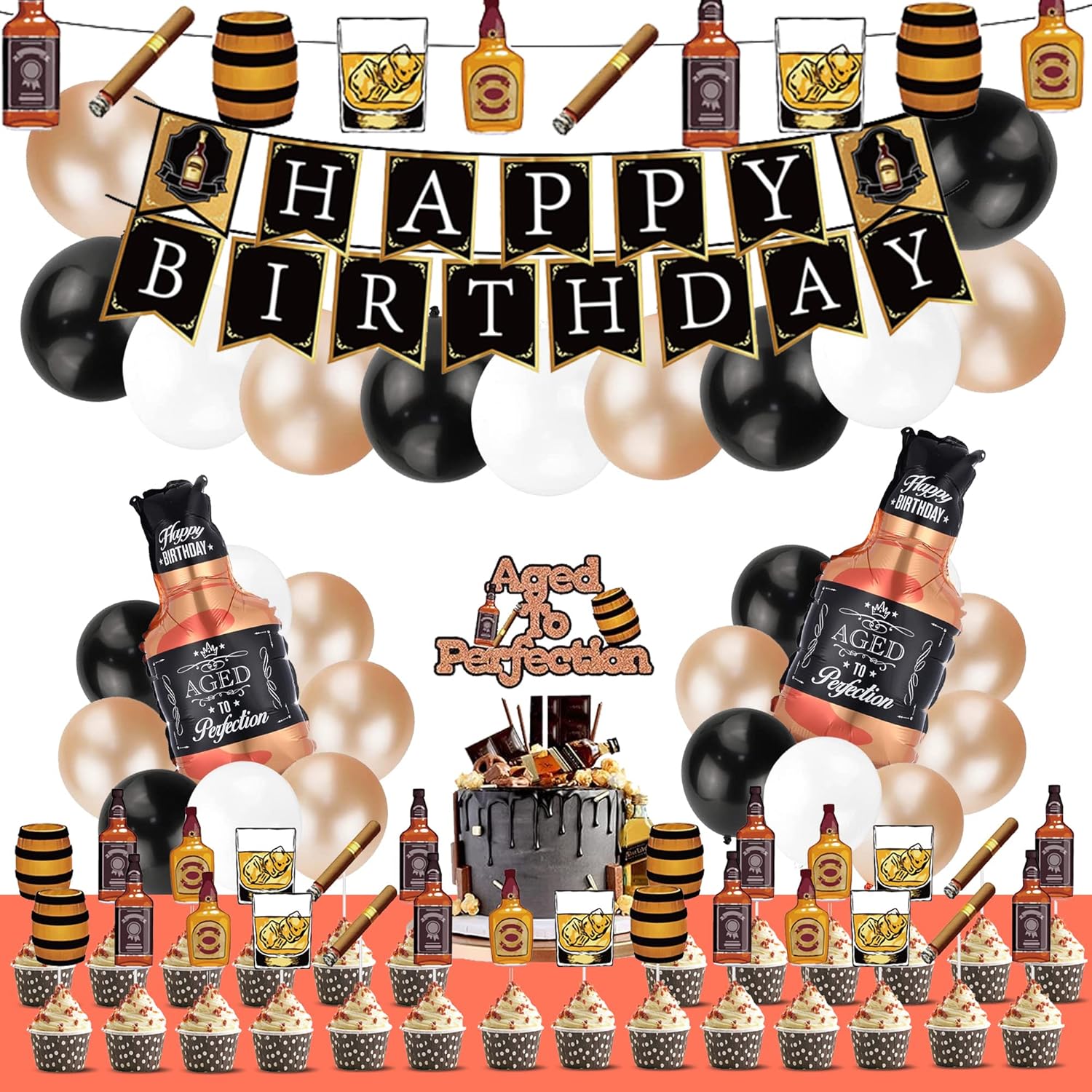 FestFiesta whiskey party decoration kit front view showing black and gold happy birthday banner and balloons