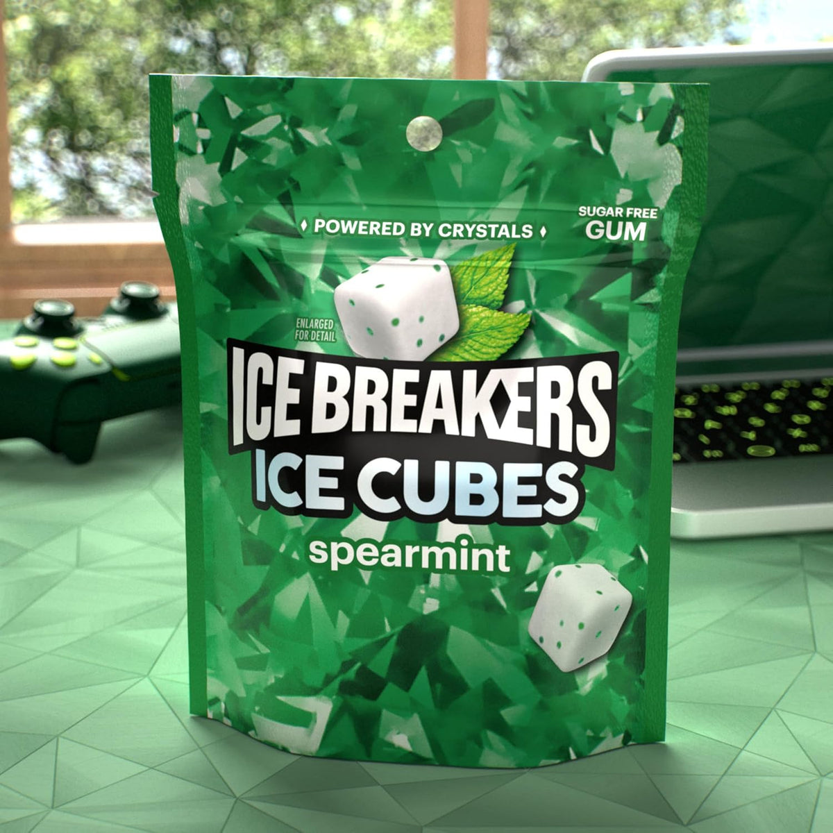Back panel of Ice Breakers Spearmint 100 piece pouch showing ingredients