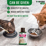 Tobydic urinary tract infection remedy liquid bottle next to healthy dog and cat.