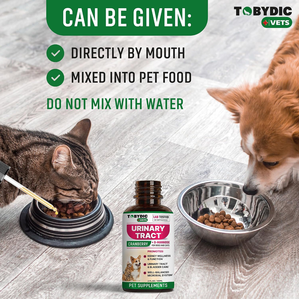 Tobydic urinary tract infection remedy liquid bottle next to healthy dog and cat.