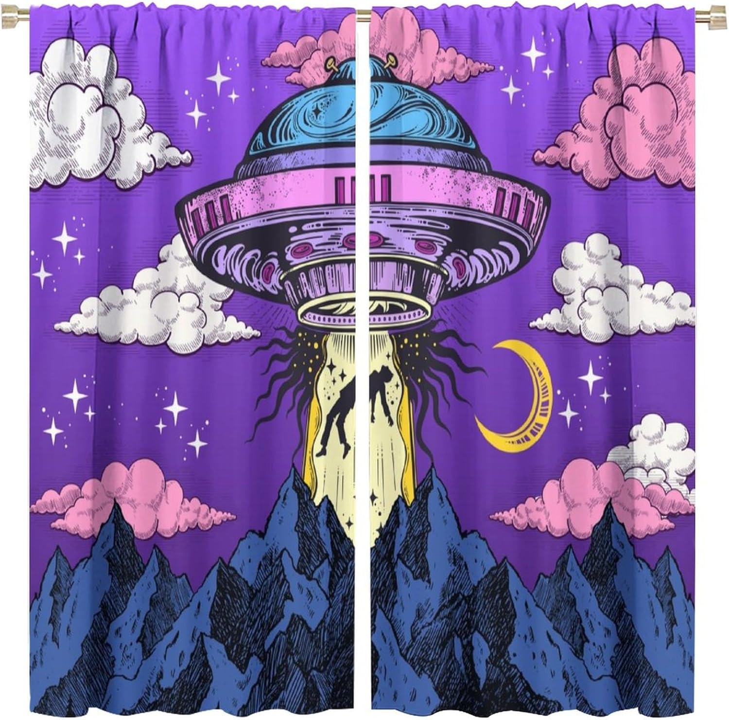 BenYaSong UFO blackout window curtain front view featuring alien spaceship abduction scene.