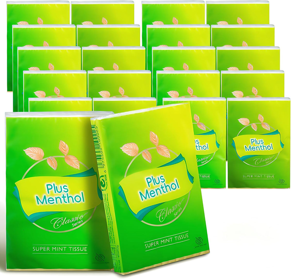 PLUS MENTHOL lotion pocket tissues front view showing bright green packaging.