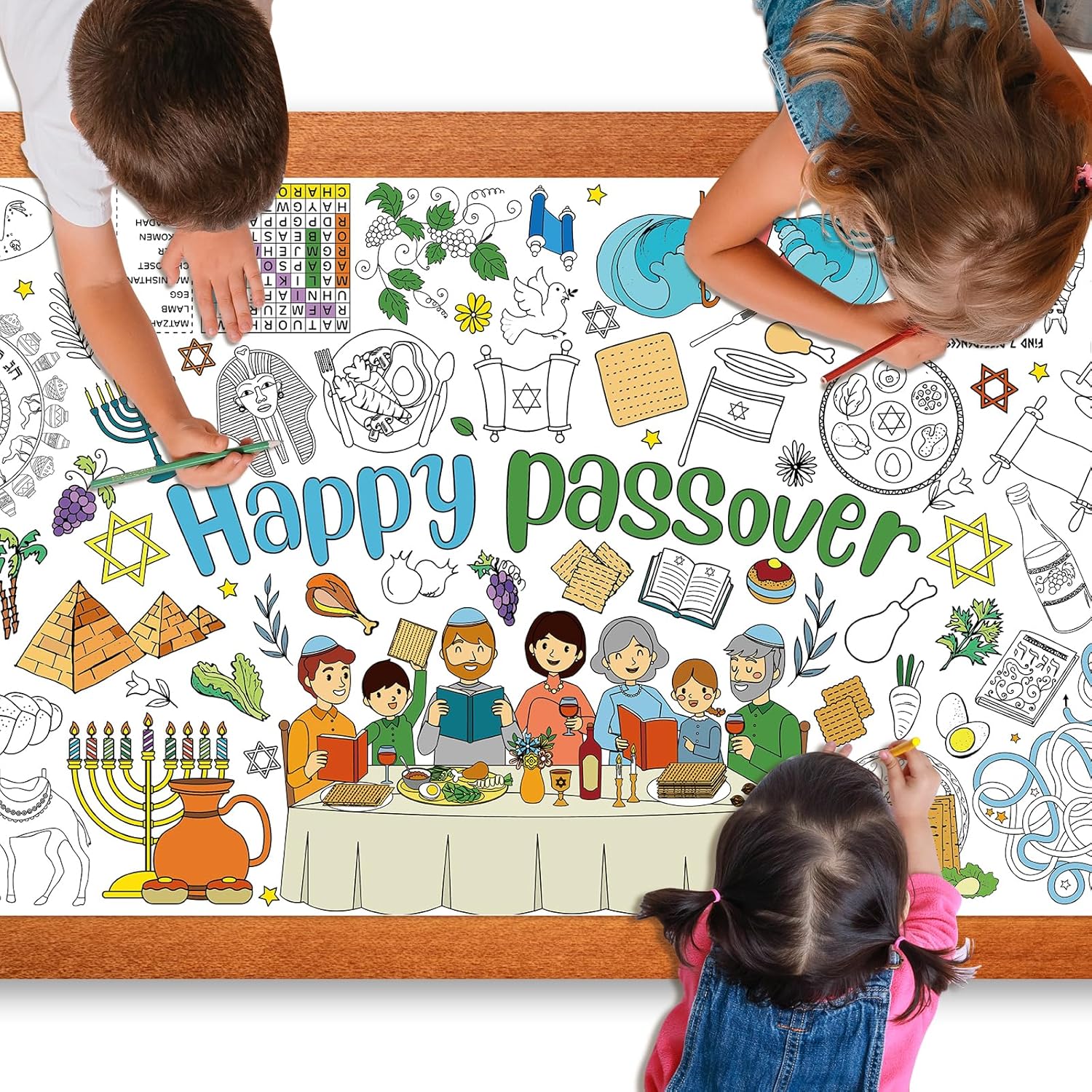 Zachely happy passover large coloring tablecloth poster front view featuring festive holiday illustrations for kids
