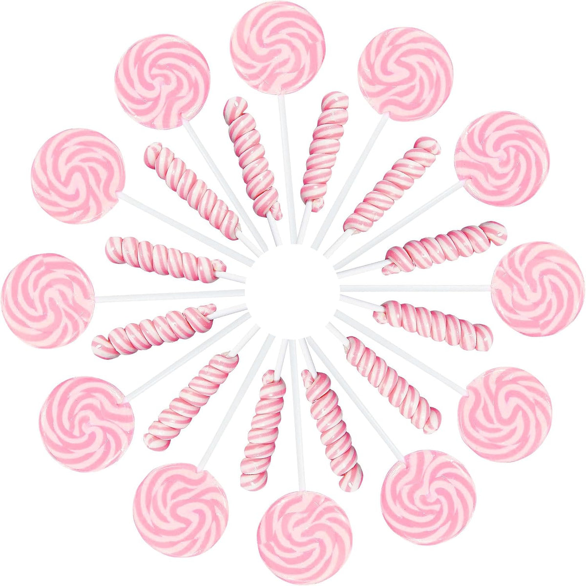 Close-up view of the strawberry flavored pink and white swirled suckers displaying their detailed patterns.