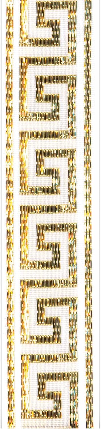 Offray 7/8" Wide Ribbon for Crafts and Decorations, 9-Foot Spool, White Greek Key Pattern - Image 1